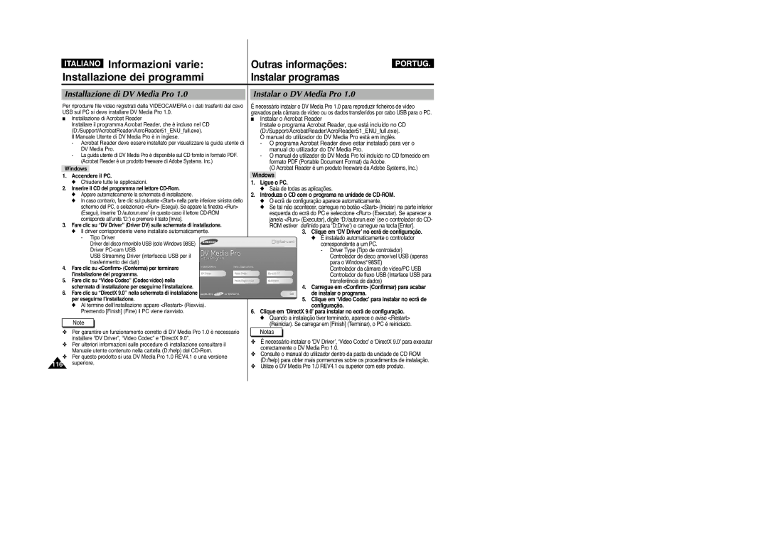 Samsung VP-M2100B/XET, VP-M2100BMEM manual Installazione dei programmi Instalar programas, Installazione di DV Media Pro 