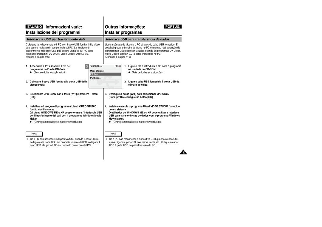 Samsung VP-M2100BMEM, VP-M2100B/XET manual Italiano Informazioni varie, Interfaccia USB per trasferimento dati 