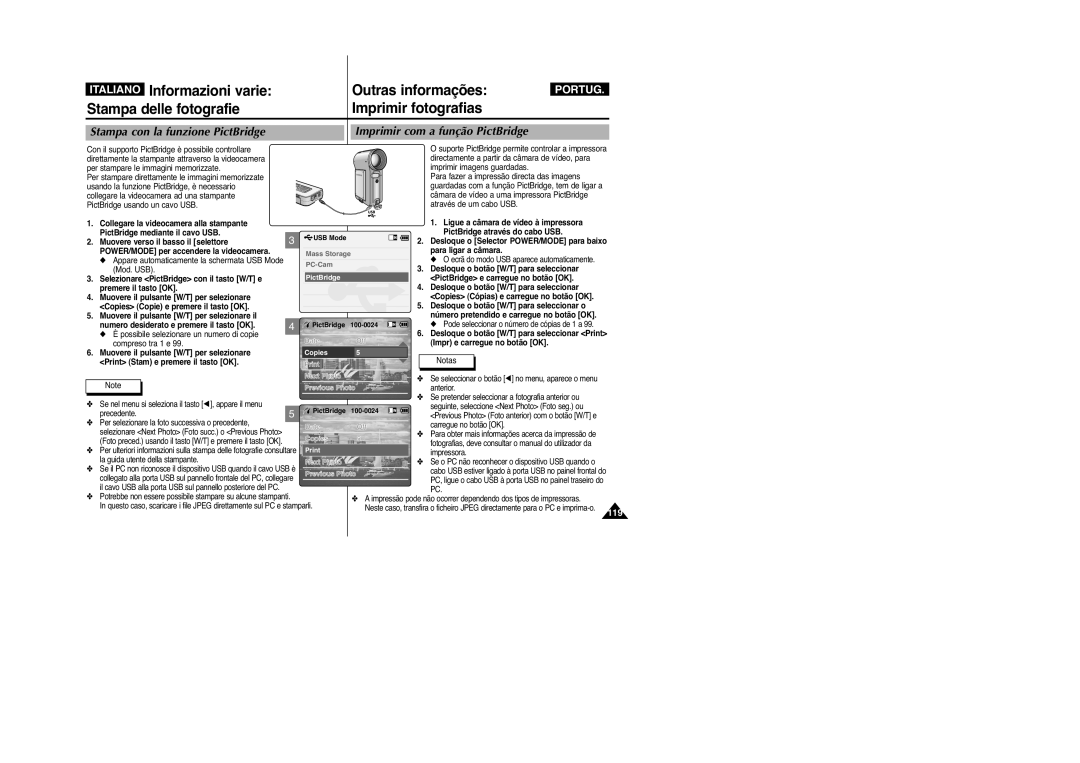 Samsung VP-M2100BMEM, VP-M2100B/XET manual Stampa delle fotografie Imprimir fotografias, Stampa con la funzione PictBridge 