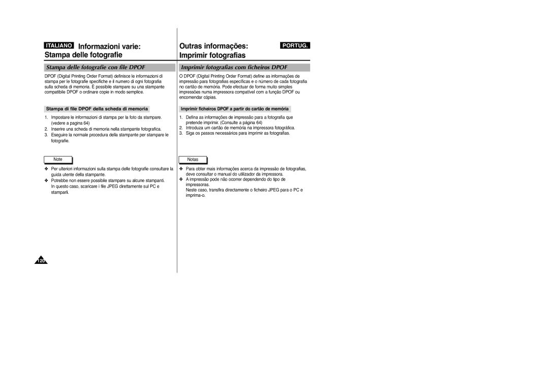 Samsung VP-M2100B/XET, VP-M2100BMEM manual Stampa delle fotografie con file Dpof, Imprimir fotografias com ficheiros Dpof 