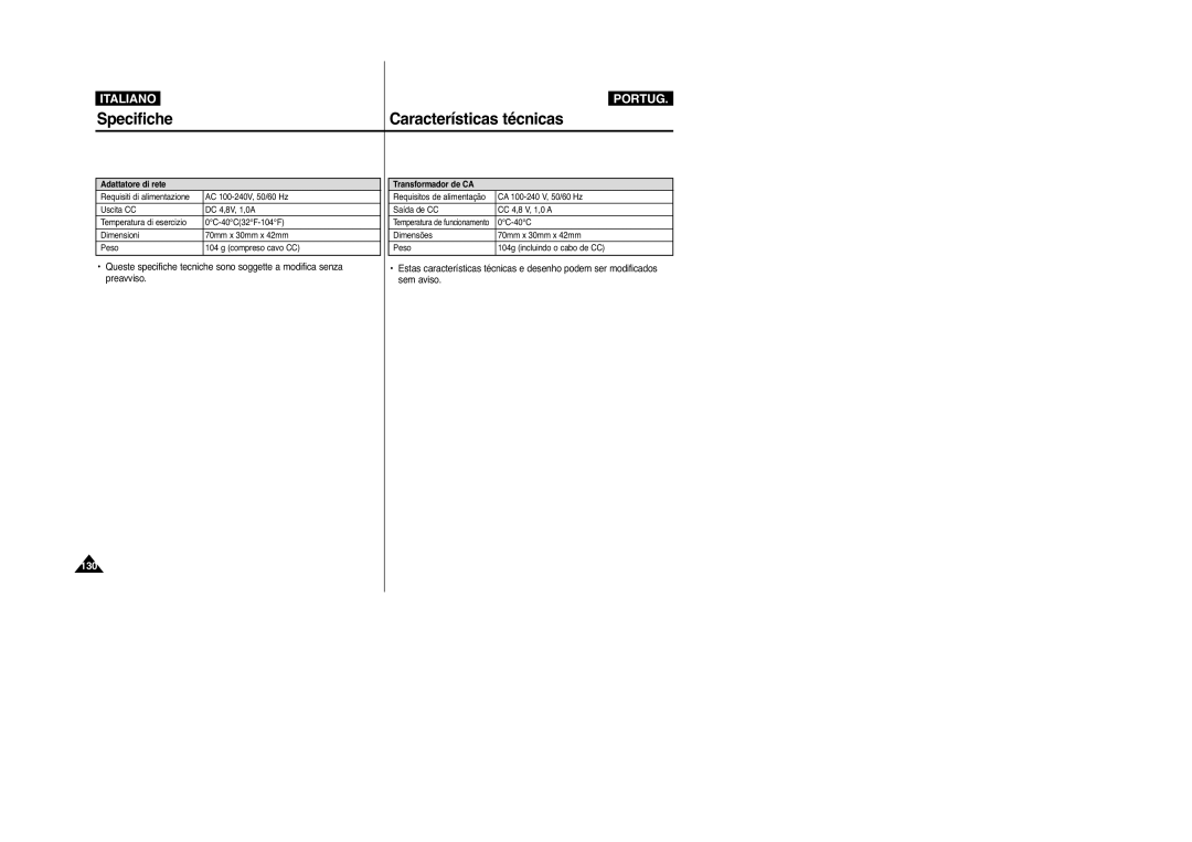 Samsung VP-M2100B/XET, VP-M2100BMEM manual Adattatore di rete, Transformador de CA 