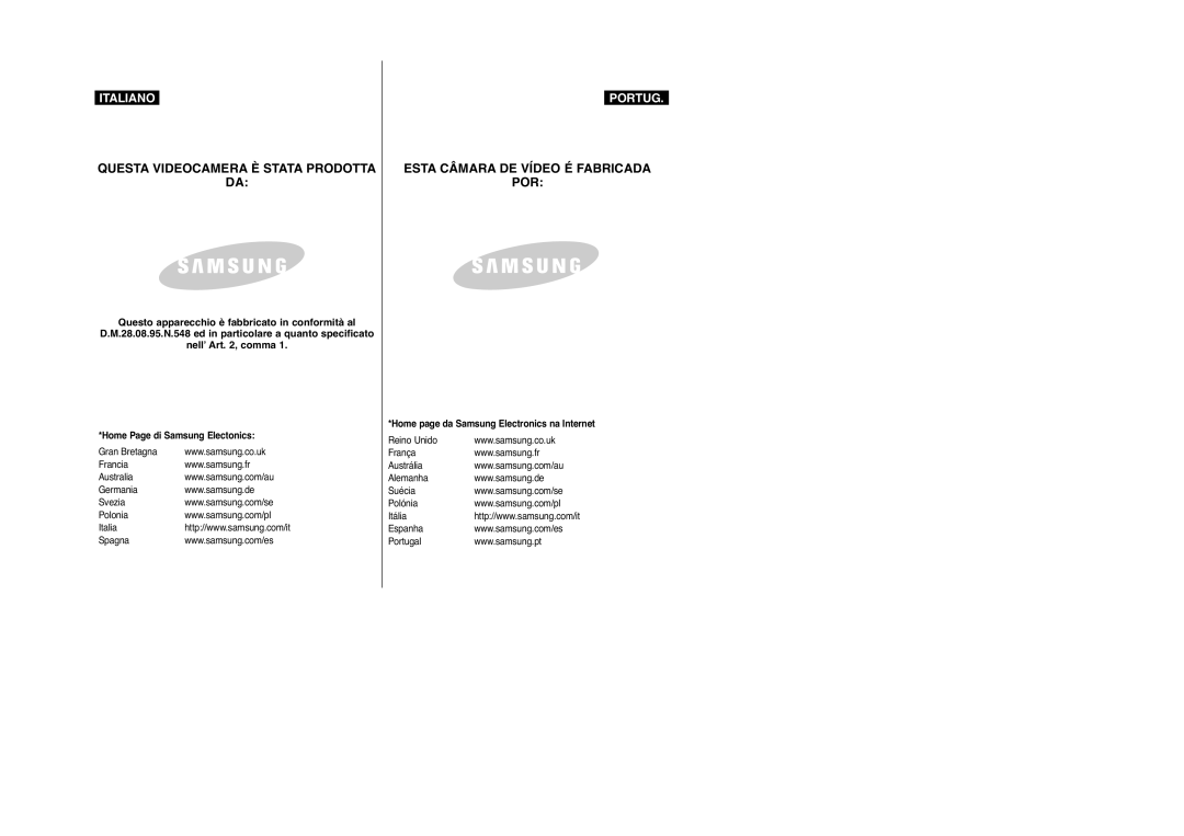 Samsung VP-M2100BMEM Questo apparecchio è fabbricato in conformità al, Nell’ Art , comma, Home Page di Samsung Electonics 