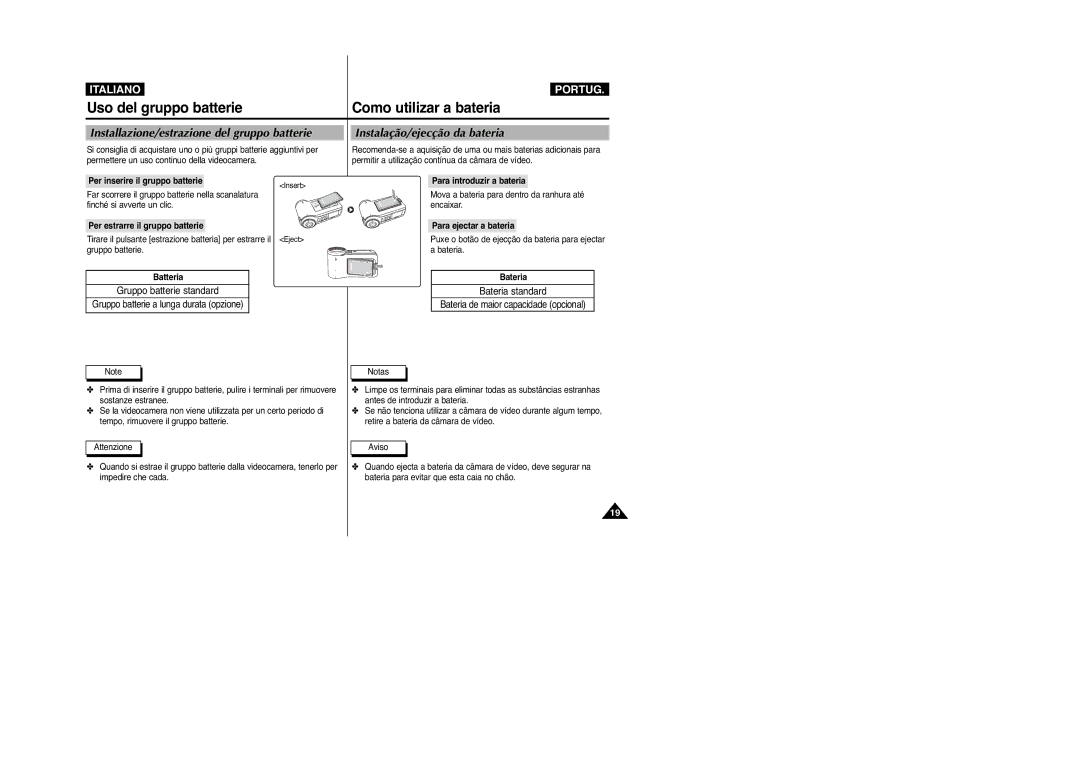 Samsung VP-M2100BMEM manual Uso del gruppo batterie, Como utilizar a bateria, Installazione/estrazione del gruppo batterie 