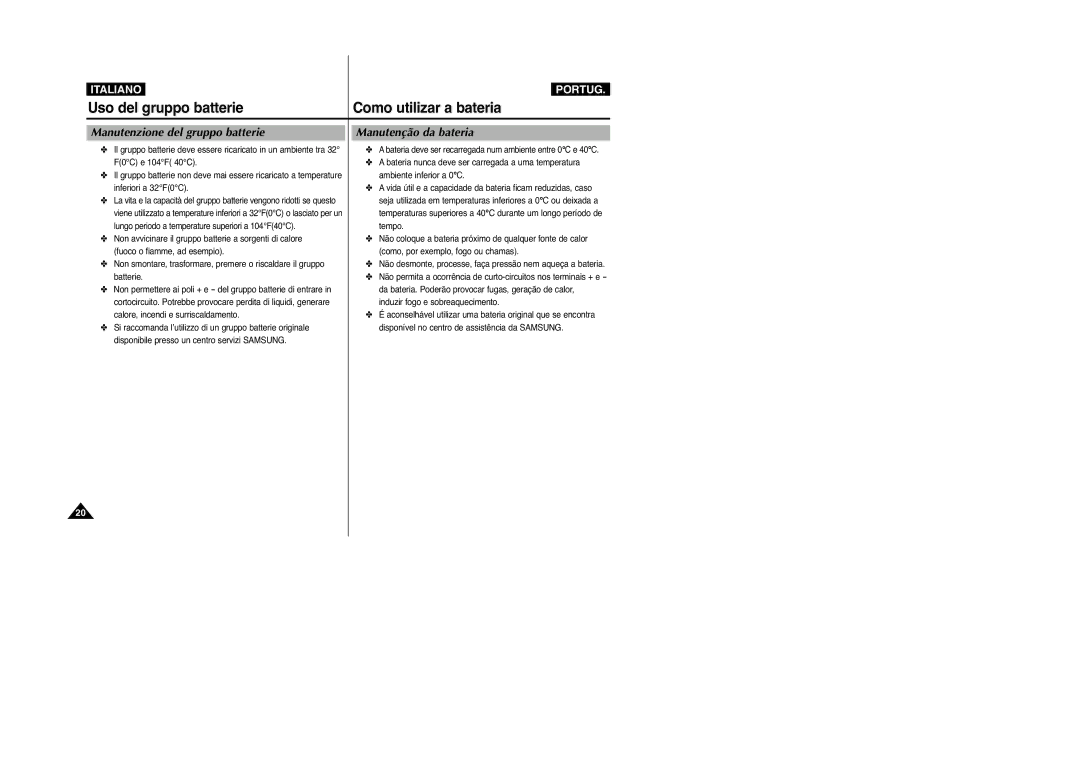 Samsung VP-M2100B/XET, VP-M2100BMEM manual Manutenzione del gruppo batterie, Manutenção da bateria 