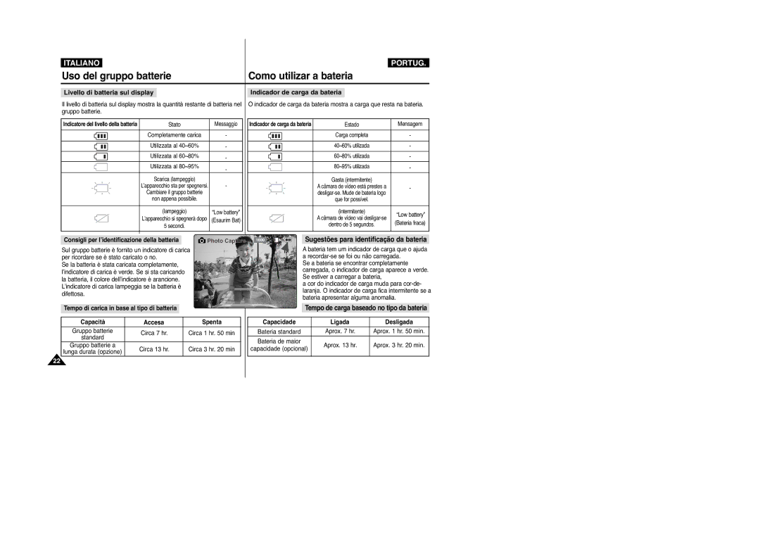 Samsung VP-M2100B/XET, VP-M2100BMEM manual Livello di batteria sul display 