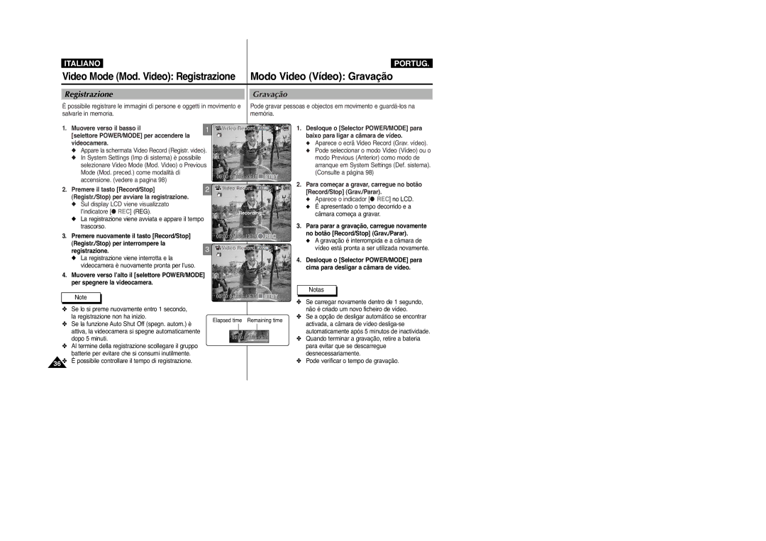 Samsung VP-M2100B/XET, VP-M2100BMEM manual Registrazione Gravação, Premere il tasto Record/Stop, Registrazione.3 