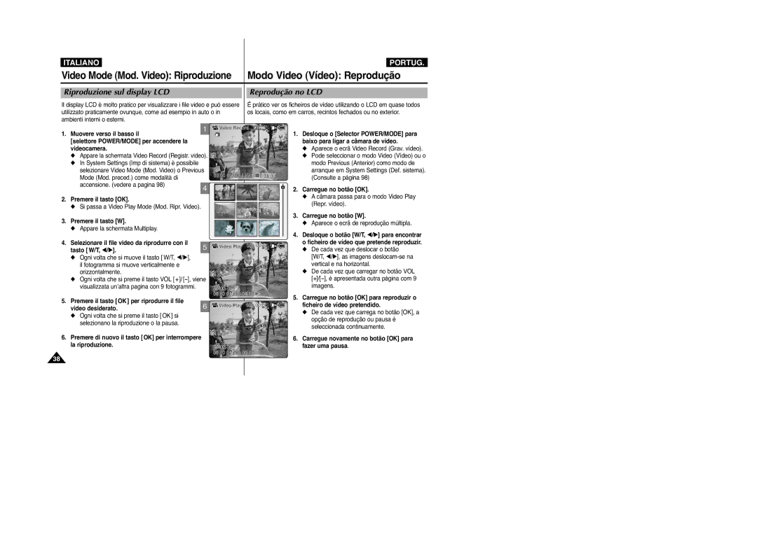 Samsung VP-M2100B/XET, VP-M2100BMEM manual Riproduzione sul display LCD Reprodução no LCD 