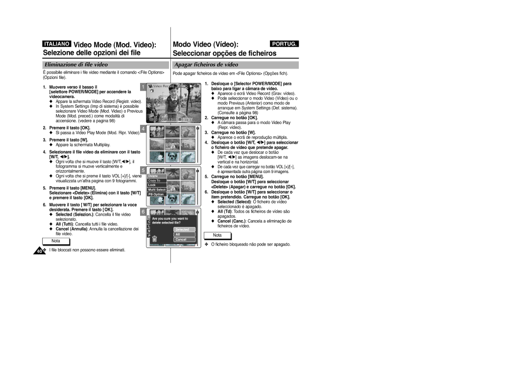 Samsung VP-M2100B/XET, VP-M2100BMEM manual Video Mode Mod. Video Modo Video Vídeo, Seleccionar opções de ficheiros 