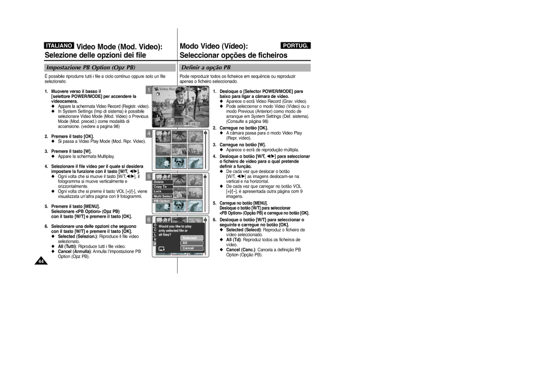 Samsung VP-M2100B/XET, VP-M2100BMEM manual Impostazione PB Option Opz PB Definir a opção PB 