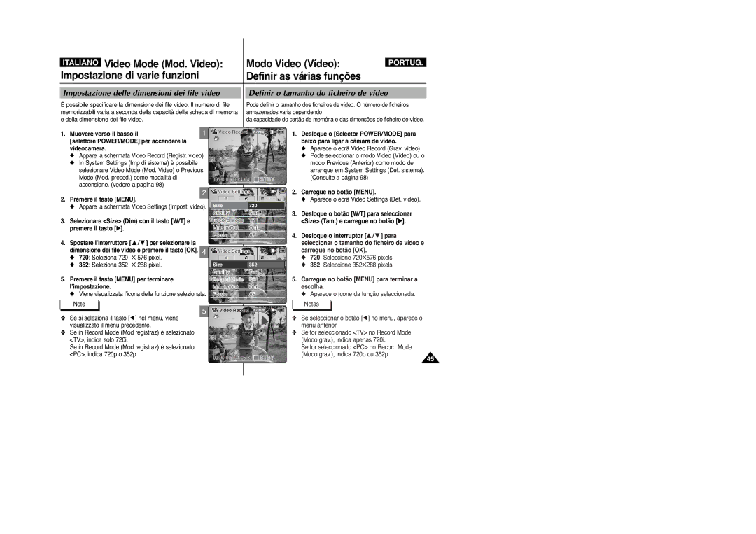 Samsung VP-M2100BMEM, VP-M2100B/XET manual Definir as várias funções, Impostazione delle dimensioni dei file video 