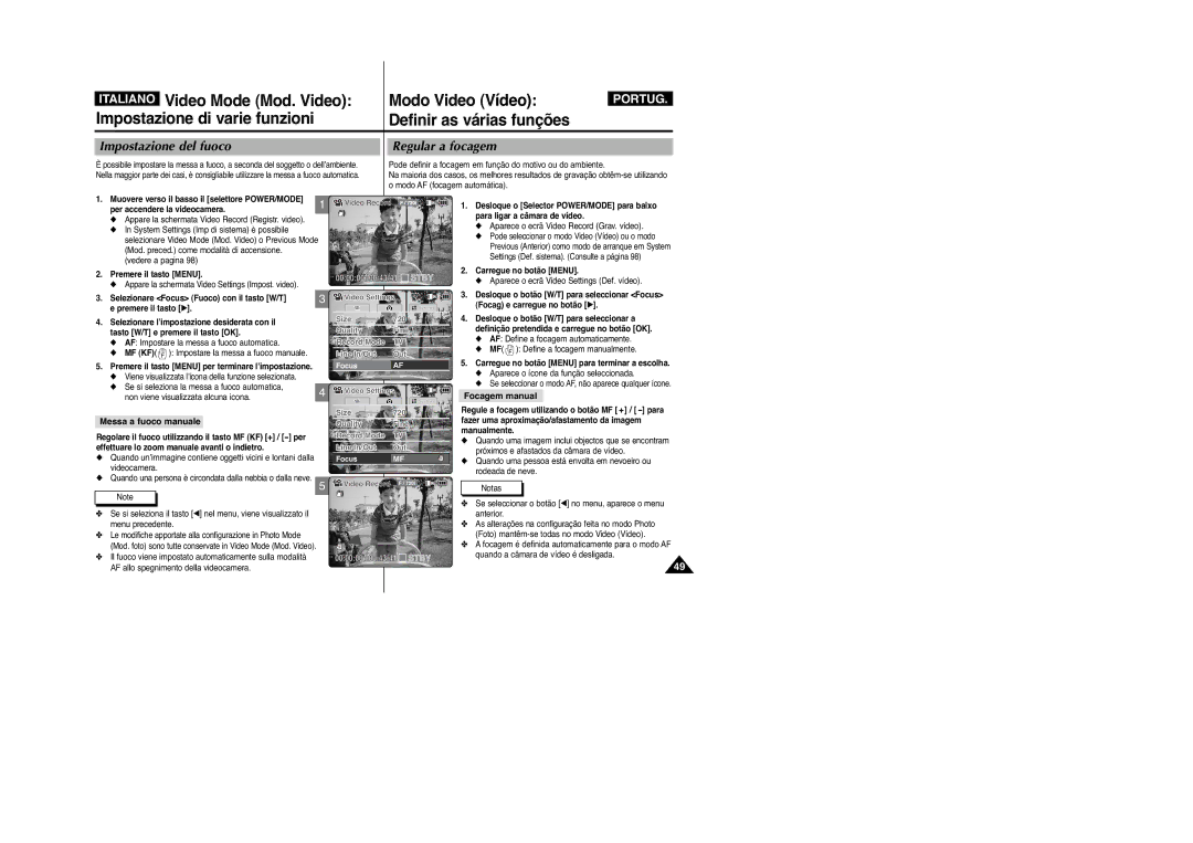 Samsung VP-M2100BMEM manual Impostazione del fuoco, Regular a focagem, Carregue no botão Menu para terminar a escolha 