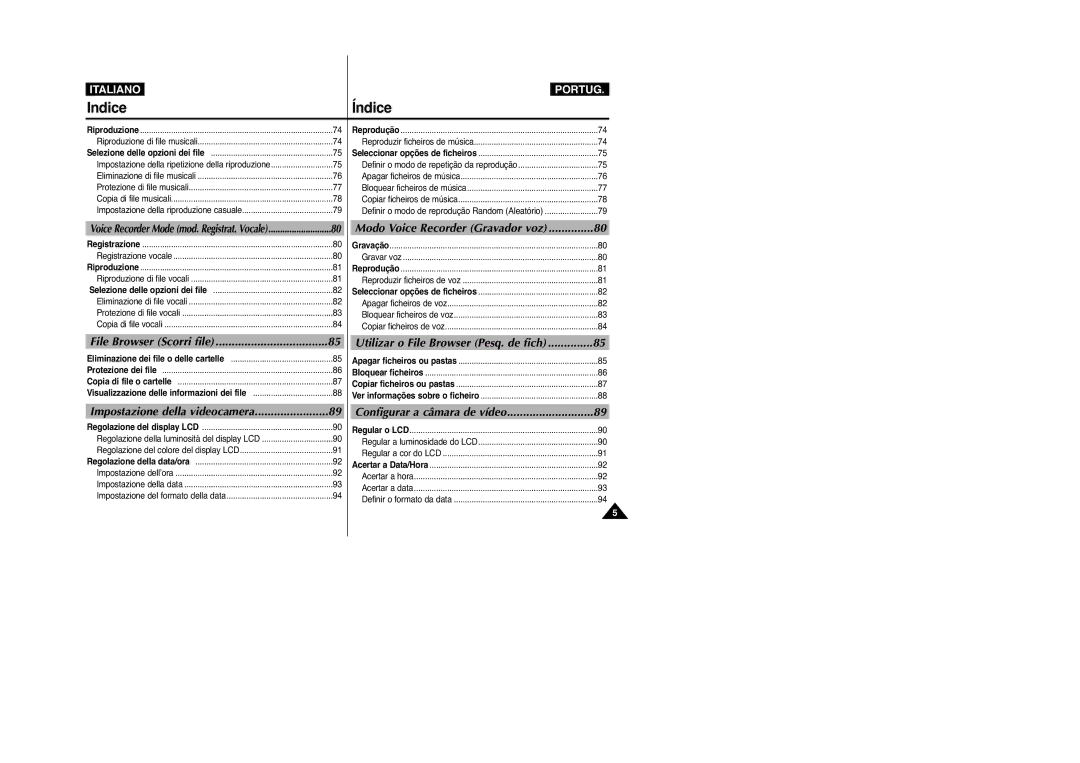 Samsung VP-M2100BMEM File Browser Scorri file, Modo Voice Recorder Gravador voz, Utilizar o File Browser Pesq. de fich 