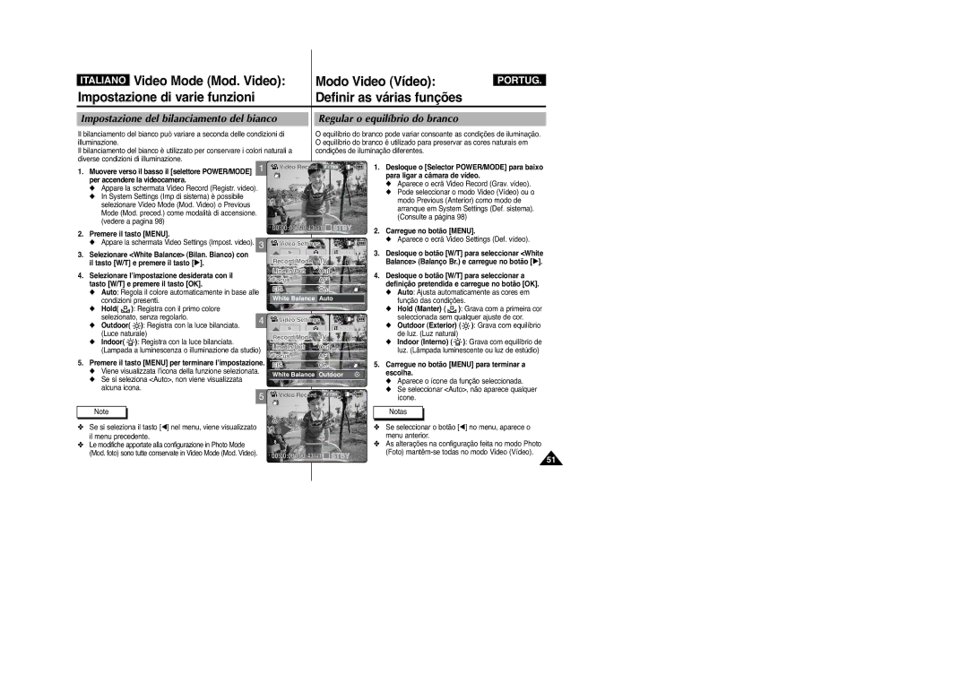 Samsung VP-M2100BMEM, VP-M2100B/XET manual Impostazione del bilanciamento del bianco, Regular o equilíbrio do branco 