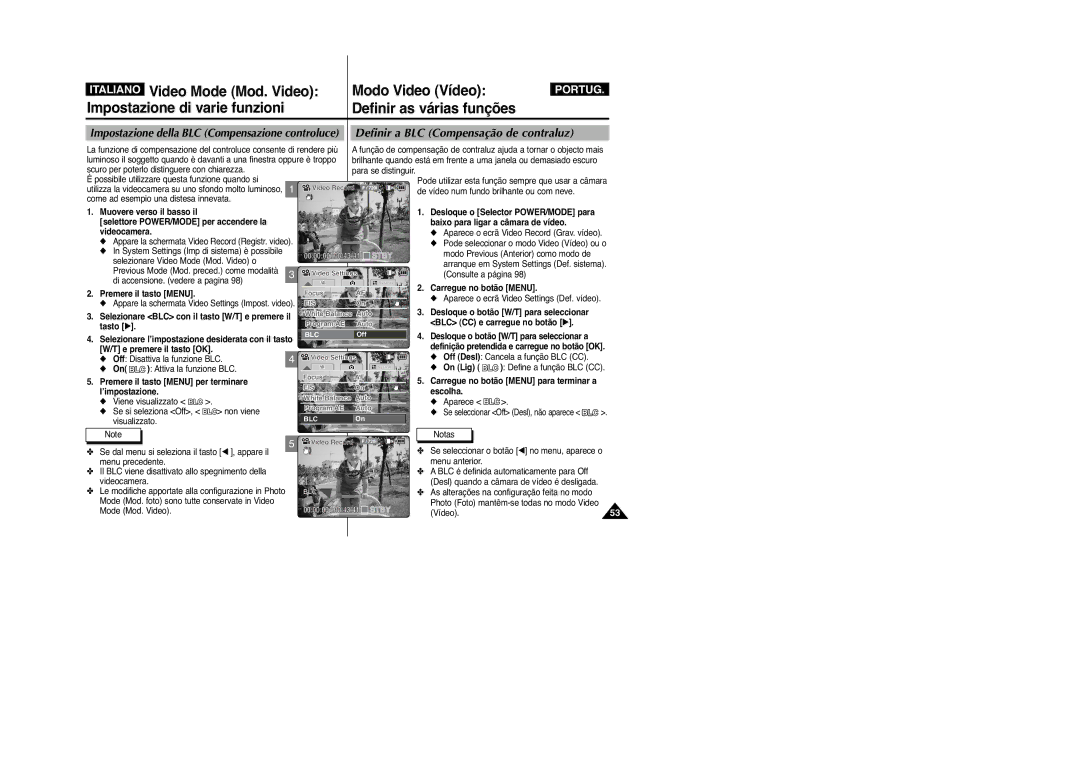 Samsung VP-M2100BMEM manual Selezionare BLC con il tasto W/T e premere il tasto √, BLC CC e carregue no botão √, On Lig 