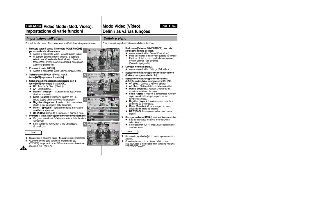 Samsung VP-M2100B/XET, VP-M2100BMEM manual Impostazione dell’effetto, Definir o efeito 