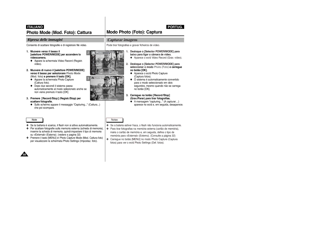 Samsung VP-M2100B/XET, VP-M2100BMEM manual Modo Photo Foto Captura, Photo Mode Mod. Foto Cattura, Ripresa delle immagini 