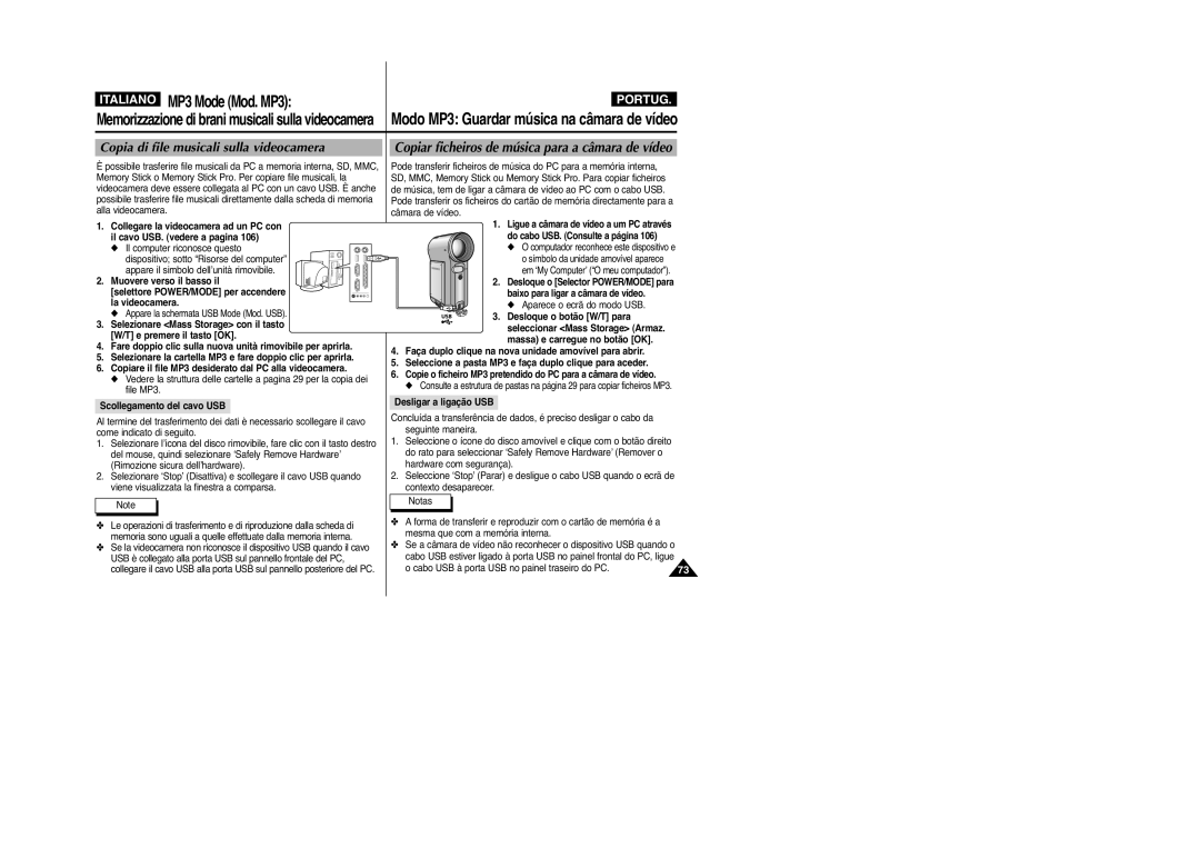 Samsung VP-M2100BMEM manual Copia di file musicali sulla videocamera, Copiar ficheiros de música para a câmara de vídeo 