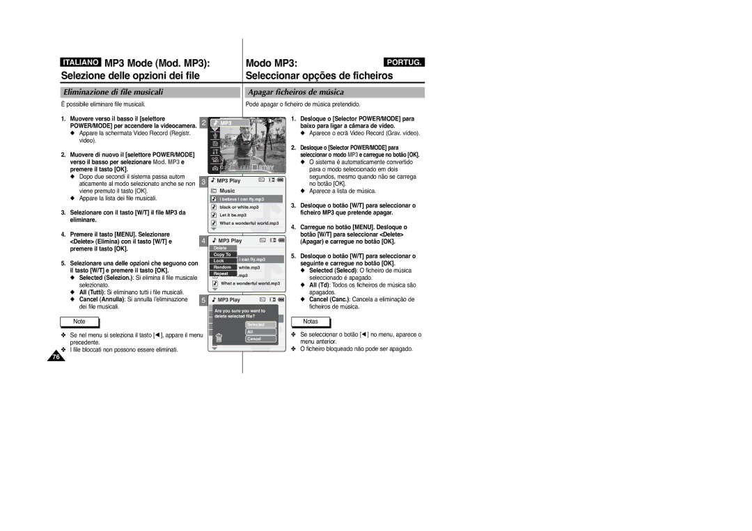 Samsung VP-M2100B/XET, VP-M2100BMEM manual Eliminazione di file musicali Apagar ficheiros de música 