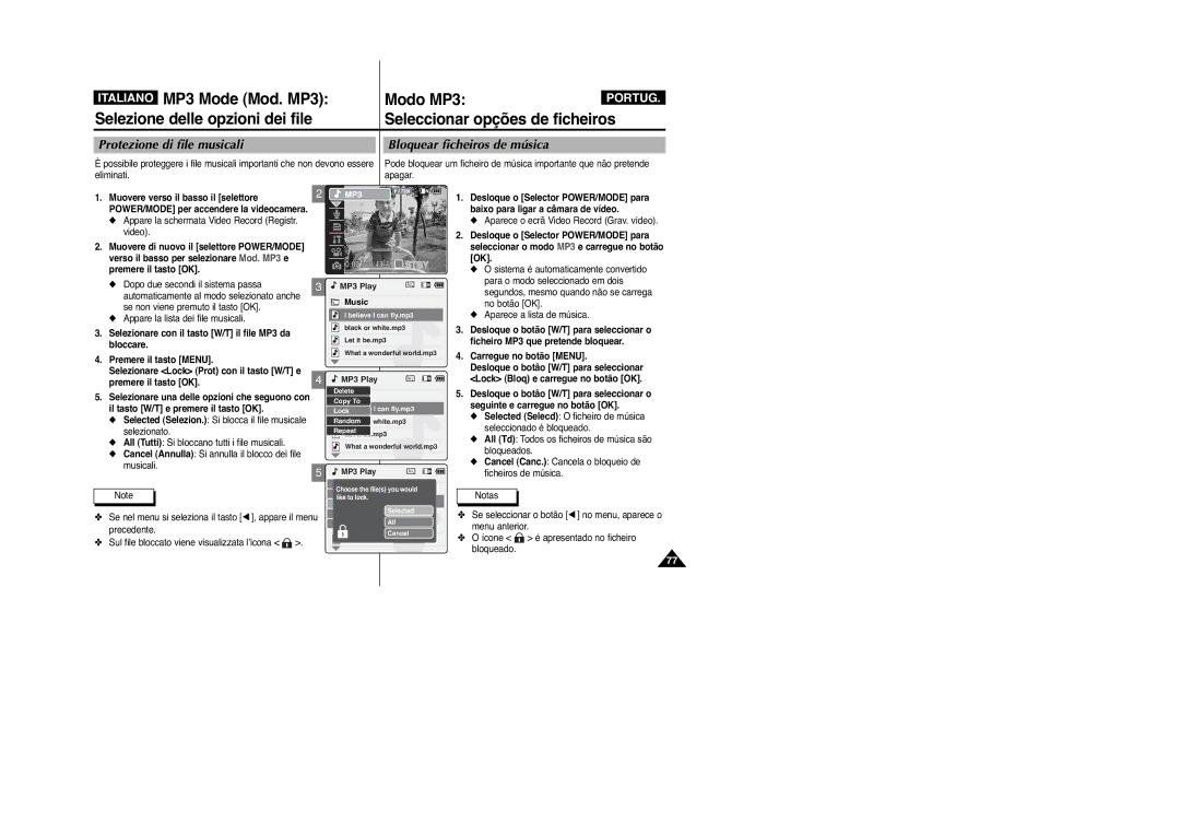 Samsung VP-M2100BMEM, VP-M2100B/XET manual Protezione di file musicali Bloquear ficheiros de música 