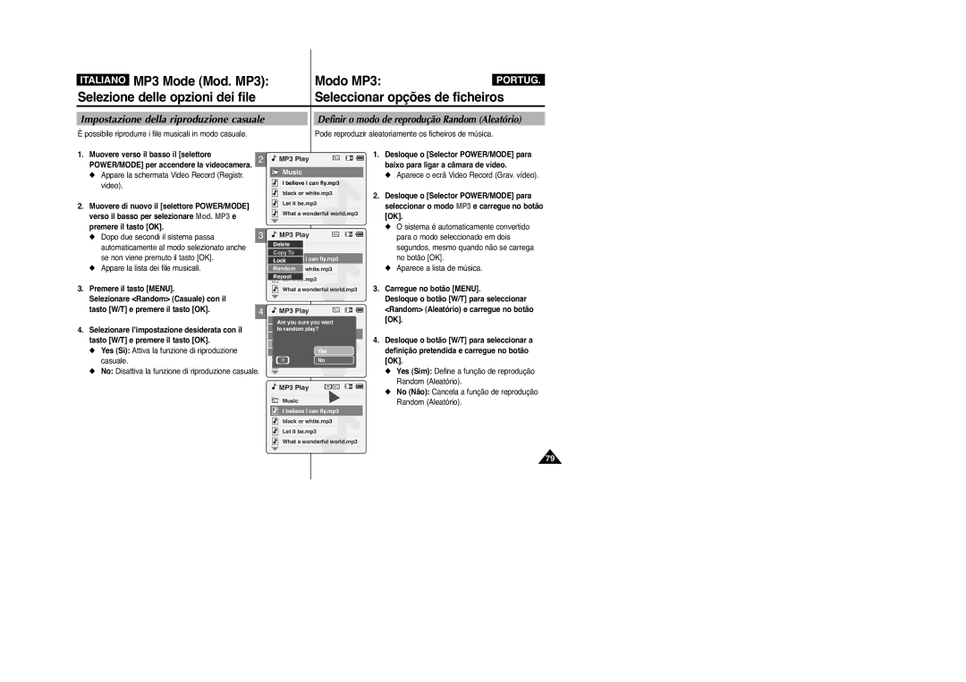 Samsung VP-M2100BMEM, VP-M2100B/XET Impostazione della riproduzione casuale, Definir o modo de reprodução Random Aleatório 