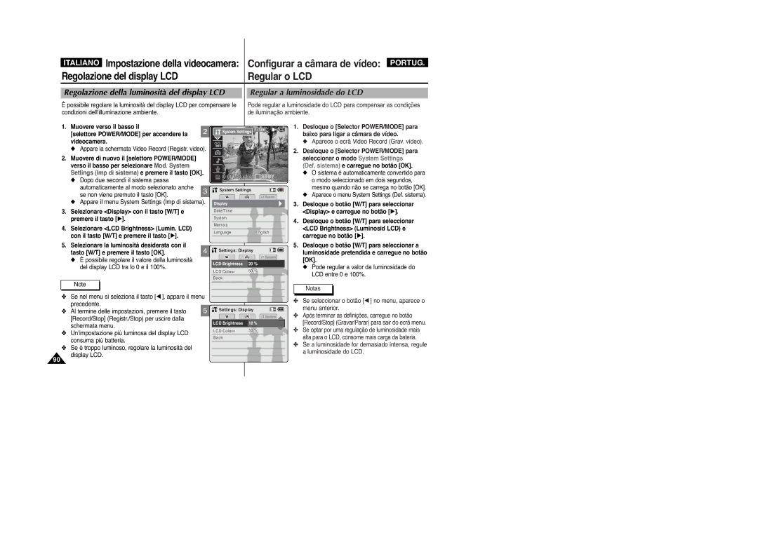 Samsung VP-M2100B/XET manual Regular o LCD, Regolazione della luminosità del display LCD, Regular a luminosidade do LCD 