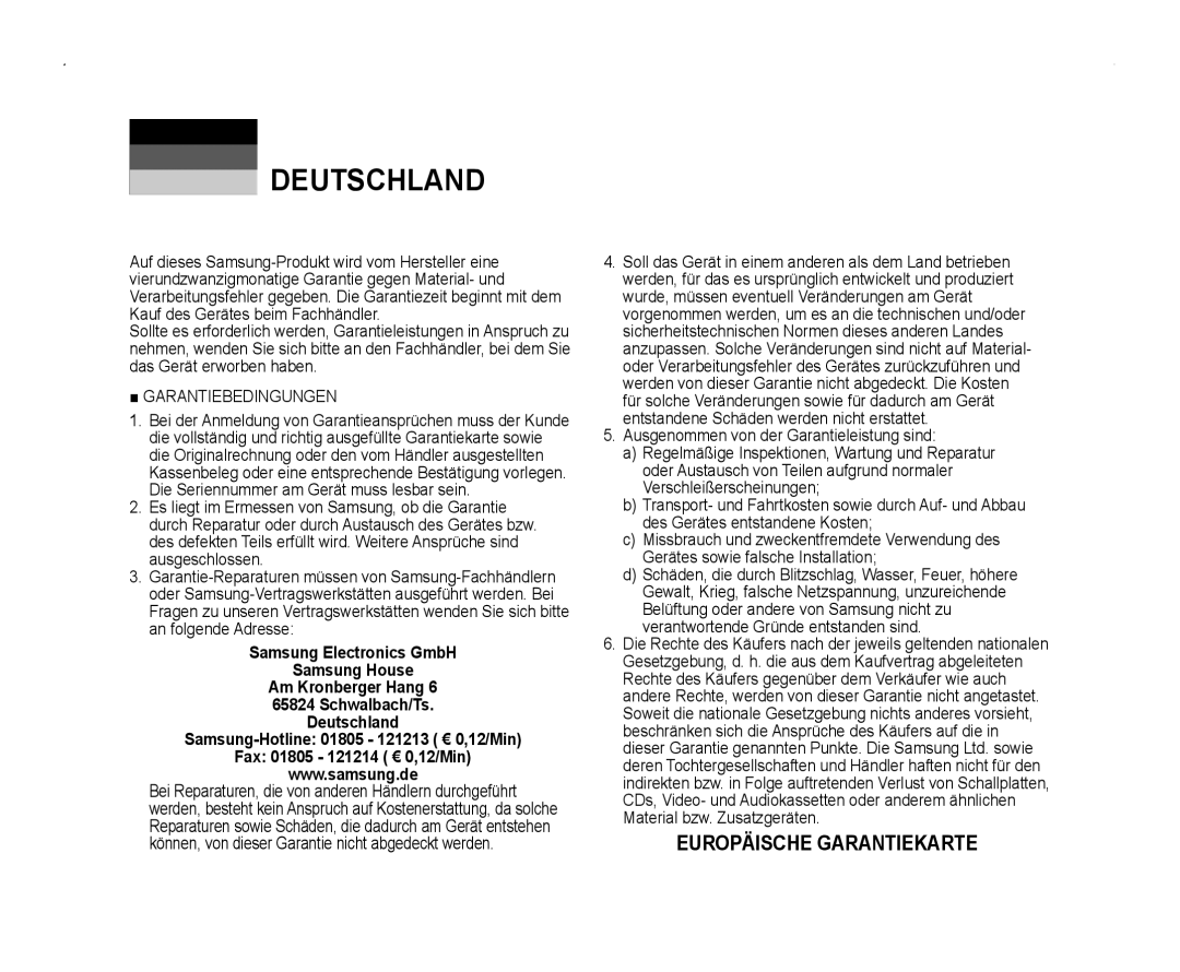 Samsung VP-MM12S/XET, VP-MM11S/XEF, VP-MM11S/XET, VP-MM12BL/XET, VP-MM11S/AND, VP-MM11S/CHN, VP-MM11S/MEA manual Deutschland 