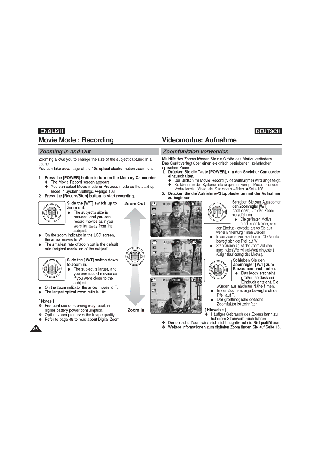 Samsung VP-MM11S/AND, VP-MM11S/XEF, VP-MM11S/XET, VP-MM12S/XET manual Zooming In and Out Zoomfunktion verwenden, Zoom Out 