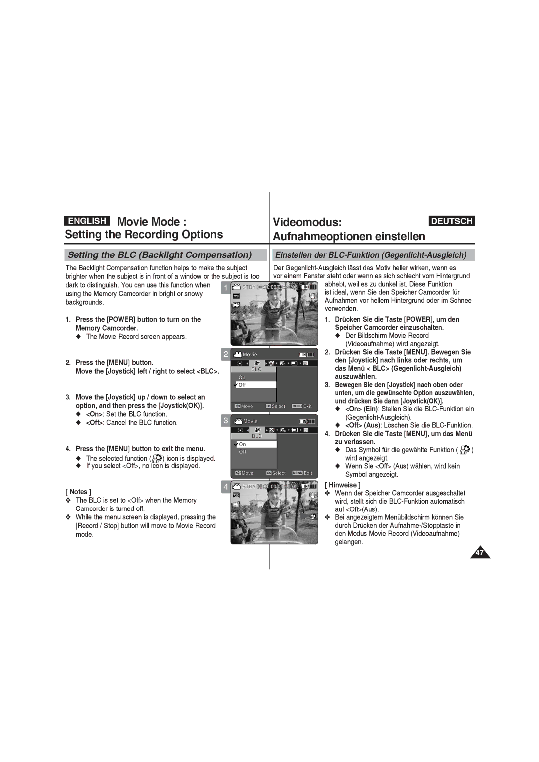 Samsung VP-MM11S/EUR, VP-MM11S/XEF manual Memory Camcorder Speicher Camcorder einzuschalten, Auszuwählen, Zu verlassen 