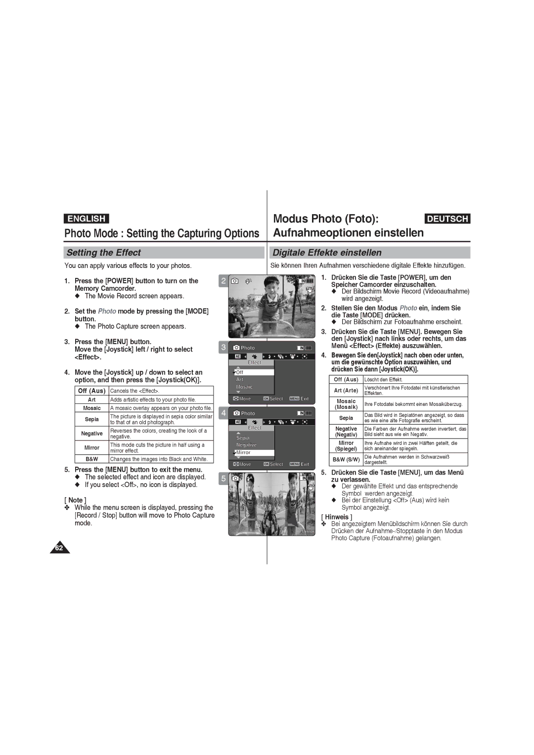 Samsung VP-MM11S/MEA, VP-MM11S/XEF, VP-MM11S/XET manual Setting the Effect, You can apply various effects to your photos 