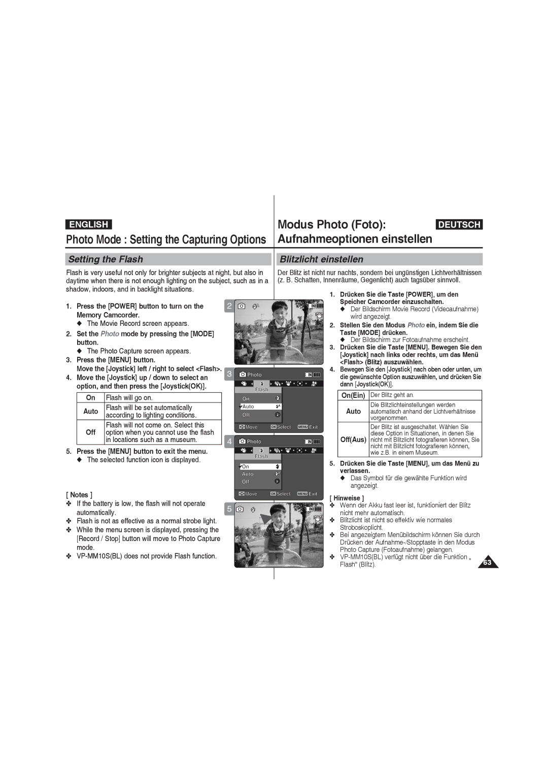 Samsung VP-MM11S/EUR, VP-MM11S/XEF, VP-MM11S/XET, VP-MM12S/XET, VP-MM12BL/XET manual Setting the Flash Blitzlicht einstellen 