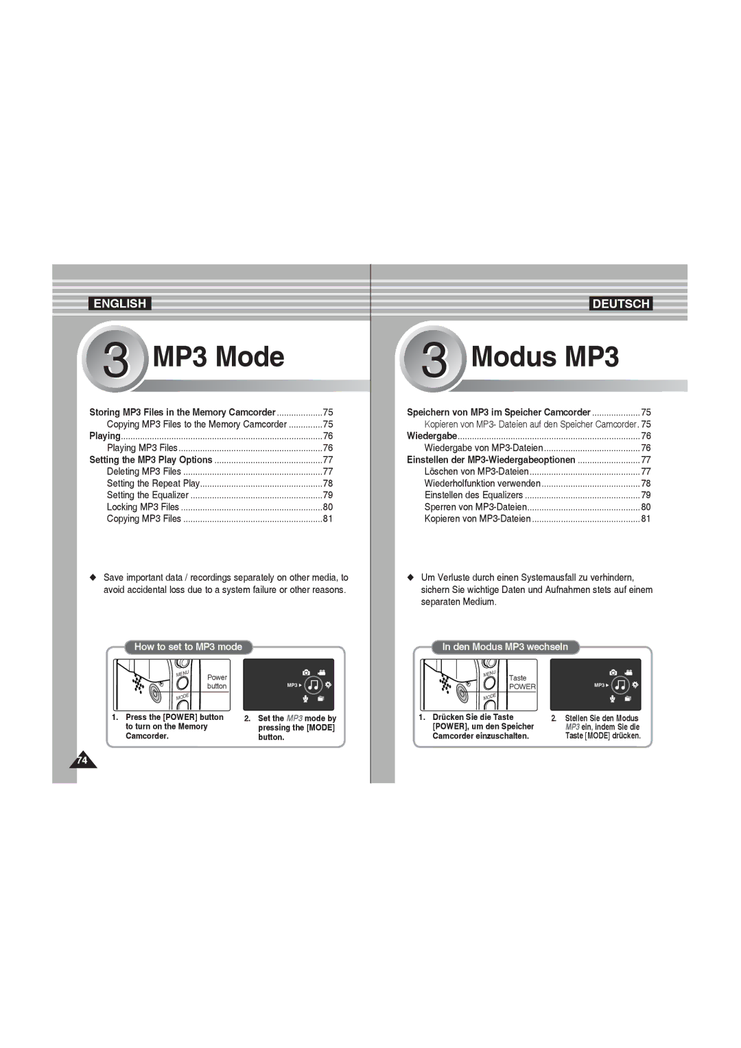 Samsung VP-MM12S/XET, VP-MM11S/XEF, VP-MM11S/XET manual Copying MP3 Files to the Memory Camcorder, Wiedergabe von MP3-Dateien 