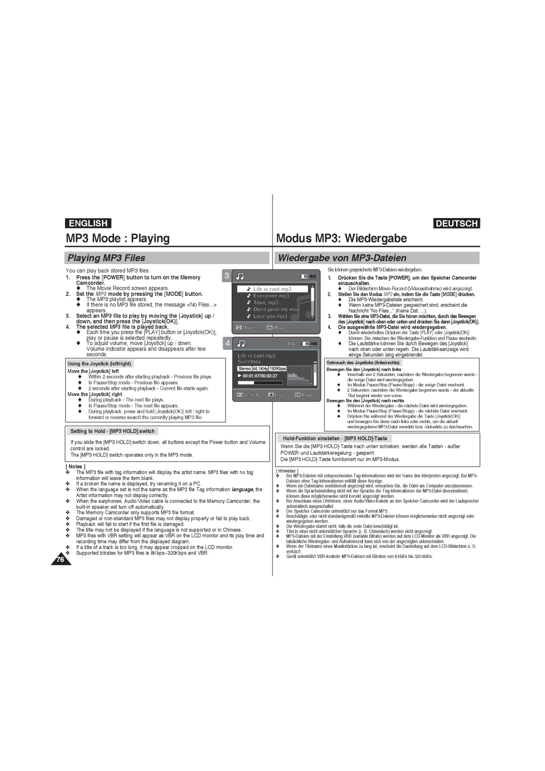 Samsung VP-MM11S/AND, VP-MM11S/XEF MP3 Mode Playing Modus MP3 Wiedergabe, Playing MP3 Files Wiedergabe von MP3-Dateien 