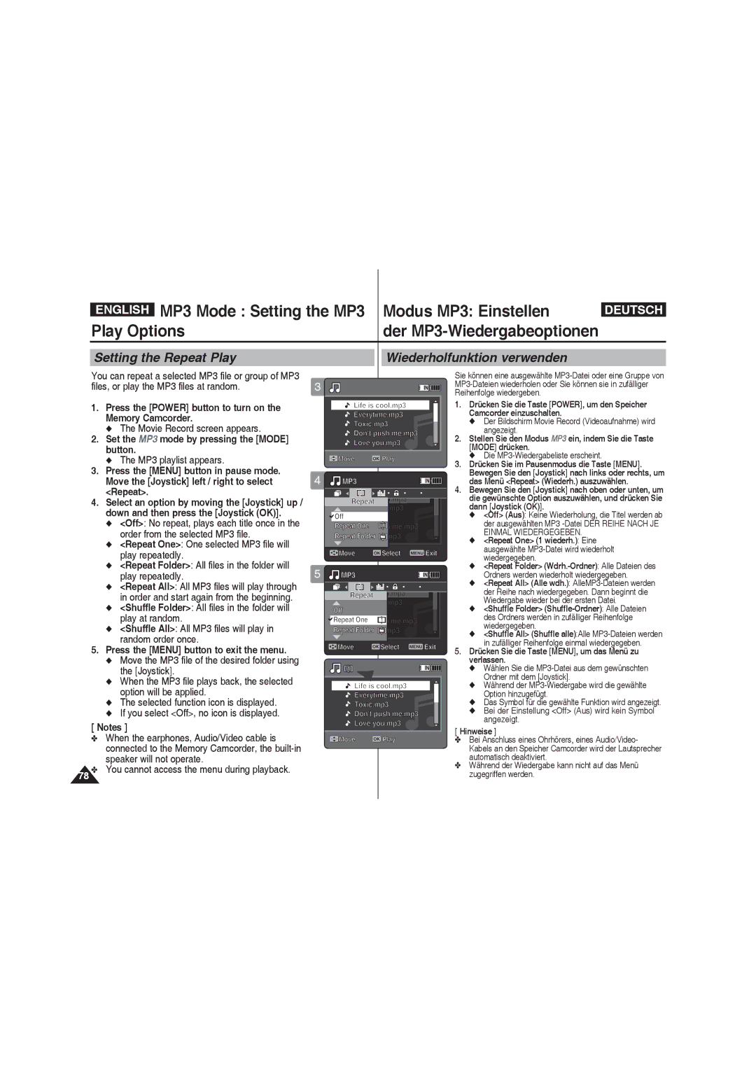 Samsung VP-MM11S/MEA, VP-MM11S/XEF manual MP3 Mode Setting the MP3 Modus MP3 Einstellen Play Options, MP3 playlist appears 