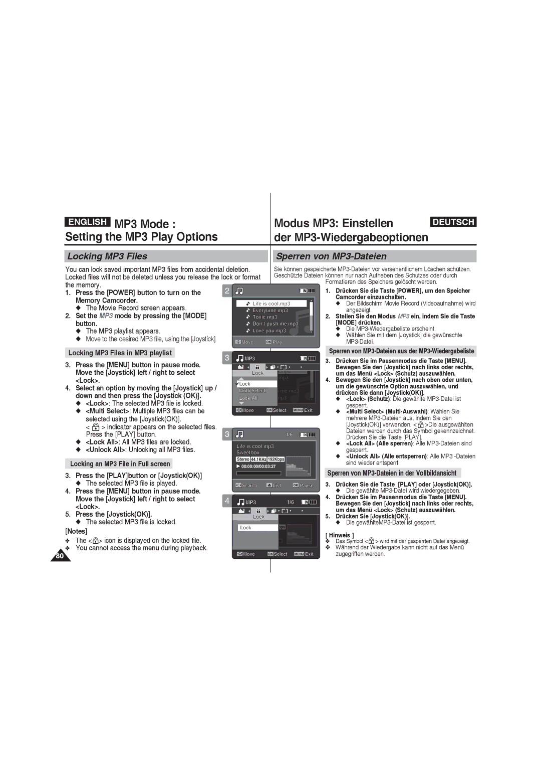 Samsung VP-MM11S/XEF MP3 Mode Modus MP3 Einstellen Setting the MP3 Play Options, Locking MP3 Files Sperren von MP3-Dateien 