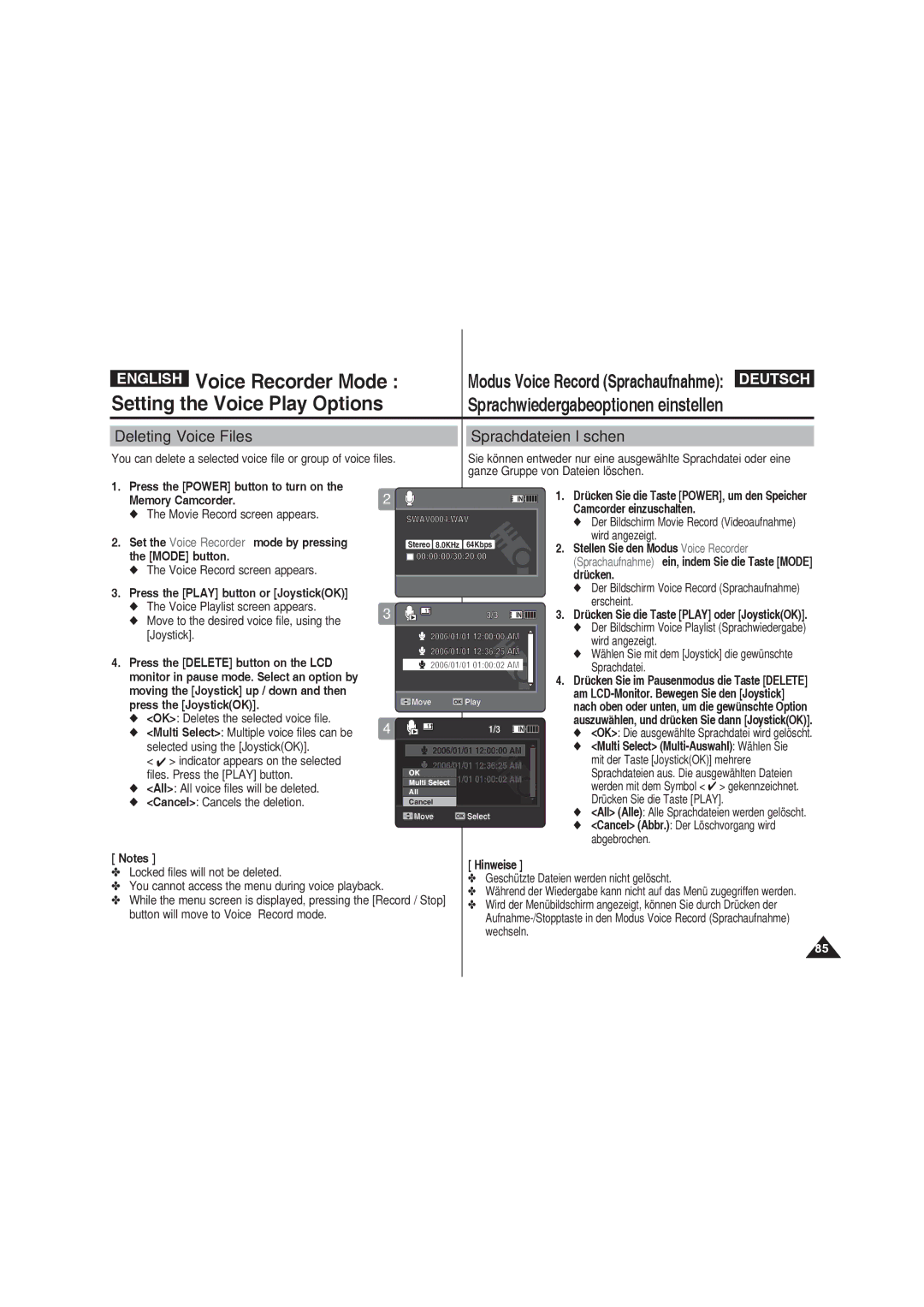 Samsung VP-MM11S/CHN manual Voice Recorder Mode, Setting the Voice Play Options, Deleting Voice Files Sprachdateien löschen 