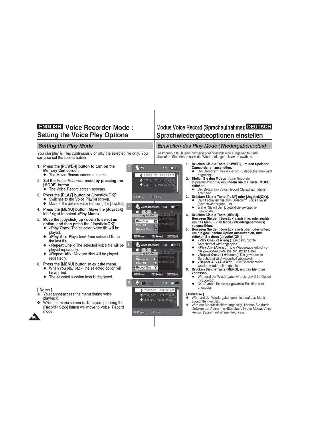 Samsung VP-MM11S/MEA, VP-MM11S/XEF manual Modus Voice Record Sprachaufnahme, Switches to the Voice Playlist screen, 11/3 