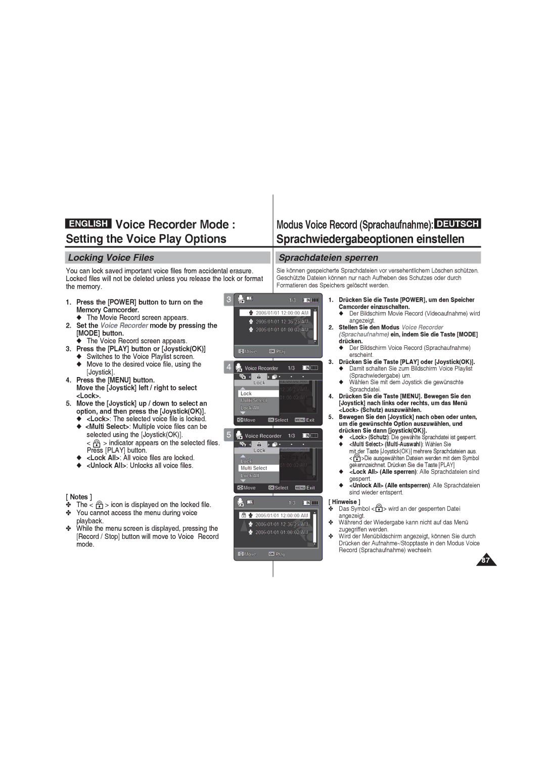 Samsung VP-MM11S/EUR, VP-MM11S/XEF manual Locking Voice Files Sprachdateien sperren, Lock The selected voice file is locked 