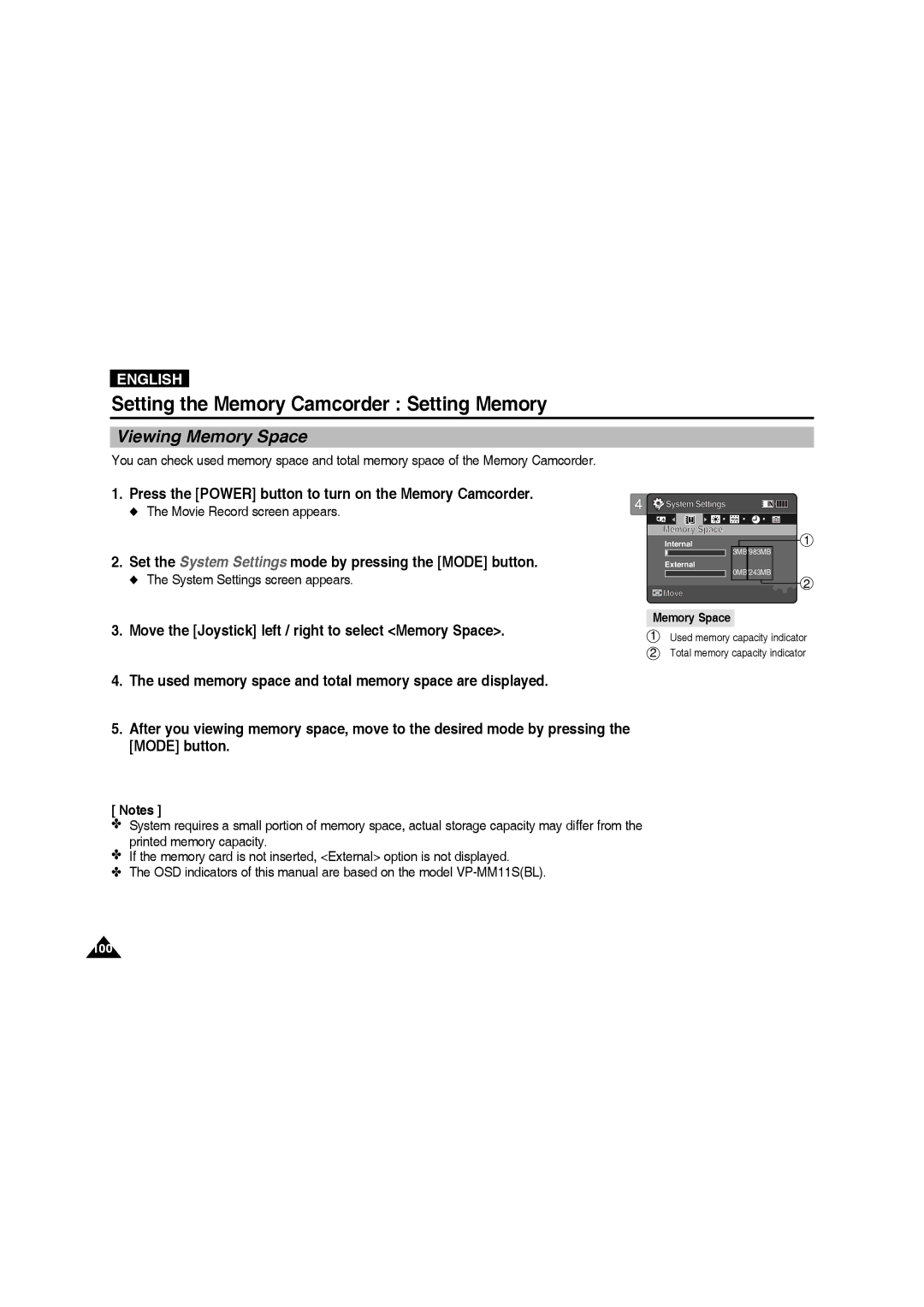 Samsung VP-MM11S/AND, VP-MM11S/XEF manual Viewing Memory Space, Move the Joystick left / right to select Memory Space 