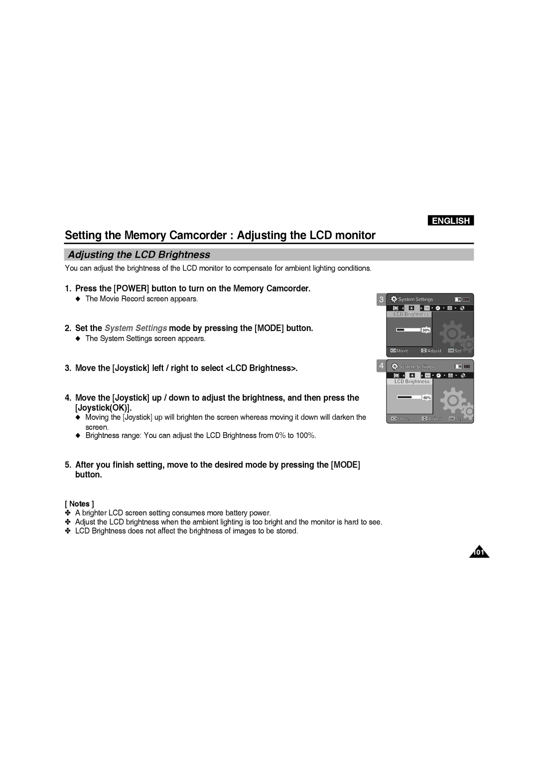 Samsung VP-MM11S/CHN, VP-MM11S/XEF Setting the Memory Camcorder Adjusting the LCD monitor, Adjusting the LCD Brightness 