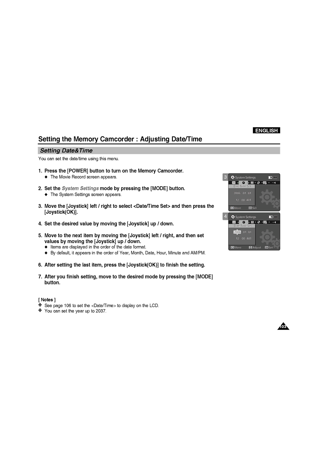 Samsung VP-MM11S/EUR, VP-MM11S/XEF, VP-MM11S/XET manual Setting the Memory Camcorder Adjusting Date/Time, Setting Date&Time 