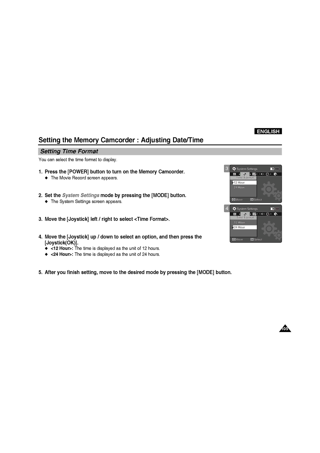 Samsung VP-MM11S/XET, VP-MM11S/XEF, VP-MM12S/XET manual Setting Time Format, You can select the time format to display 