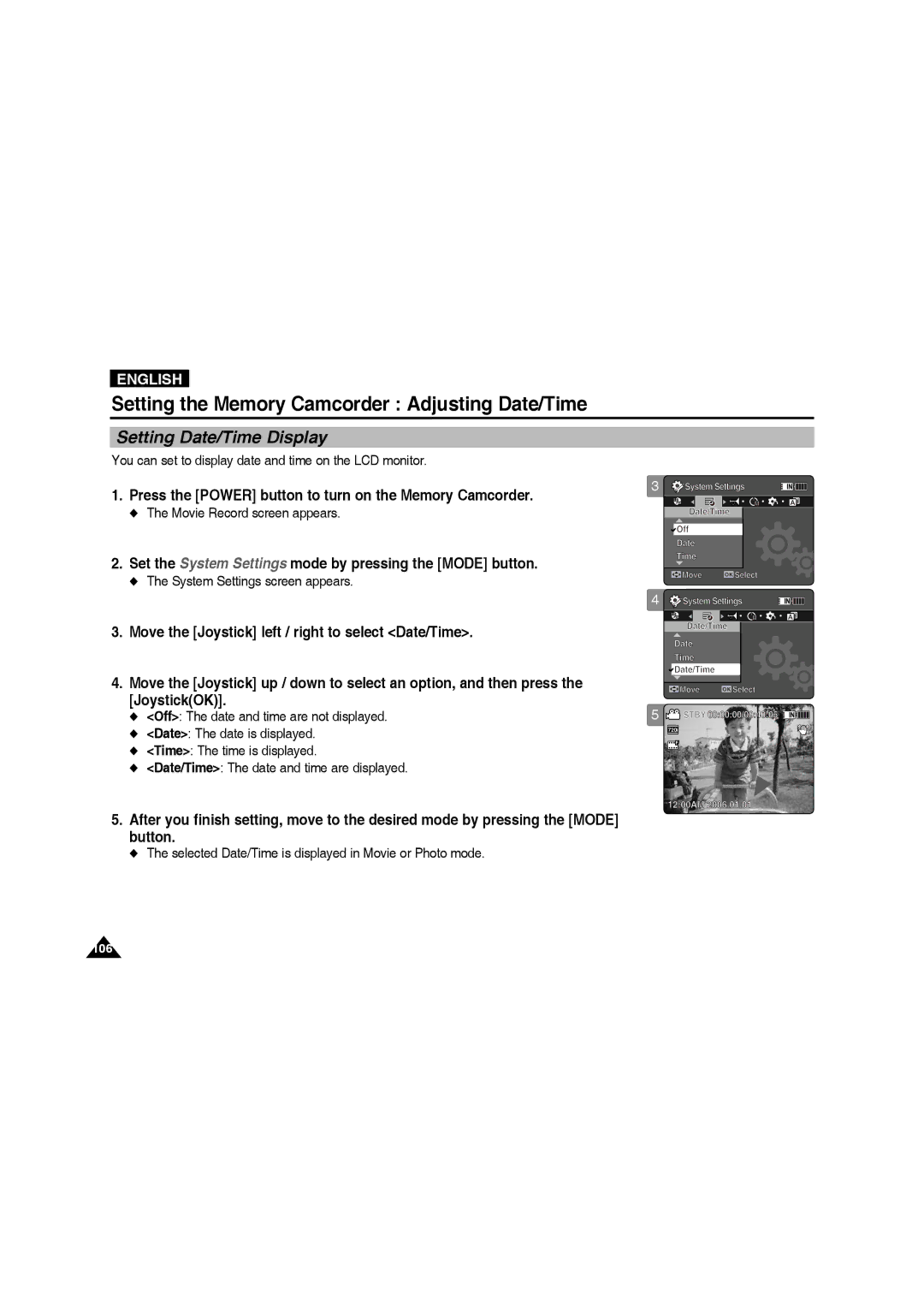 Samsung VP-MM12S/XET, VP-MM11S/XEF manual Setting Date/Time Display, You can set to display date and time on the LCD monitor 