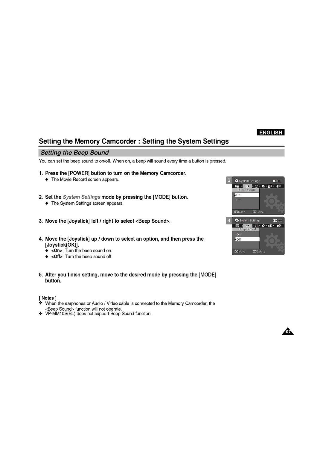 Samsung VP-MM12BL/XET manual Setting the Memory Camcorder Setting the System Settings, Setting the Beep Sound, Button 