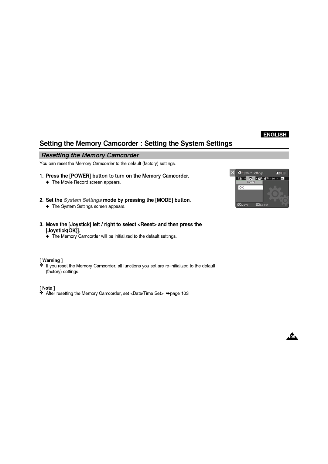 Samsung VP-MM11S/CHN, VP-MM11S/XEF, VP-MM11S/XET, VP-MM12S/XET, VP-MM12BL/XET, VP-MM11S/AND Resetting the Memory Camcorder 