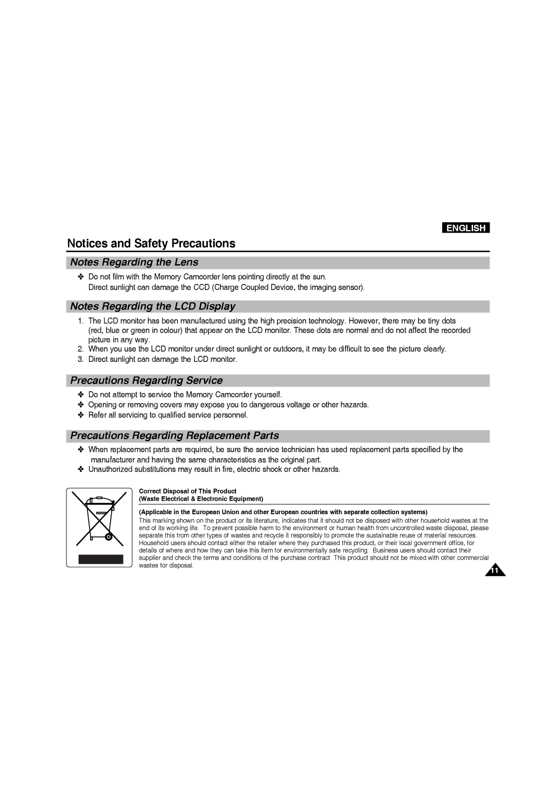 Samsung VP-MM12BL/XET, VP-MM11S/XEF, VP-MM11S/XET Precautions Regarding Service, Precautions Regarding Replacement Parts 