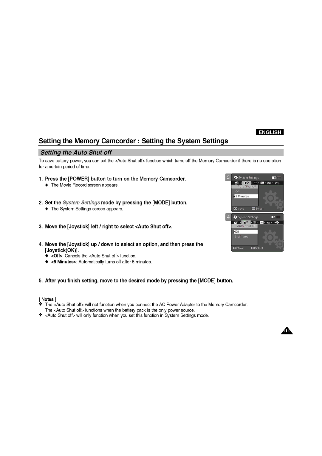 Samsung VP-MM11S/EUR, VP-MM11S/XEF, VP-MM11S/XET, VP-MM12S/XET, VP-MM12BL/XET, VP-MM11S/AND manual Setting the Auto Shut off 