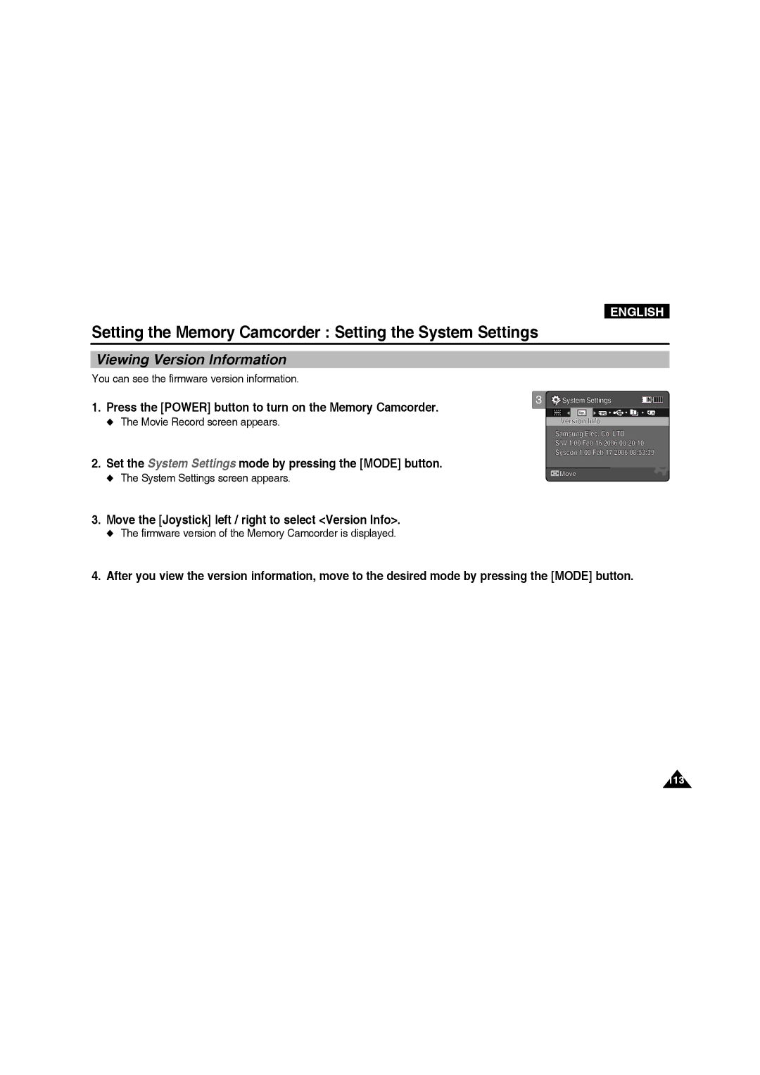 Samsung VP-MM11S/XET, VP-MM11S/XEF manual Viewing Version Information, Move the Joystick left / right to select Version Info 