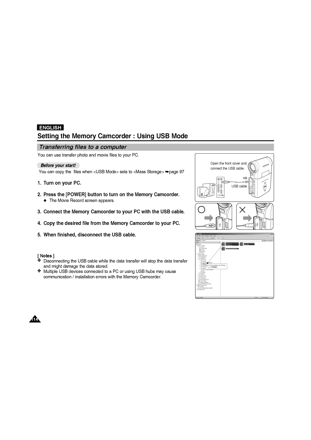 Samsung VP-MM12S/XET, VP-MM11S/XEF manual Setting the Memory Camcorder Using USB Mode, Transferring files to a computer 