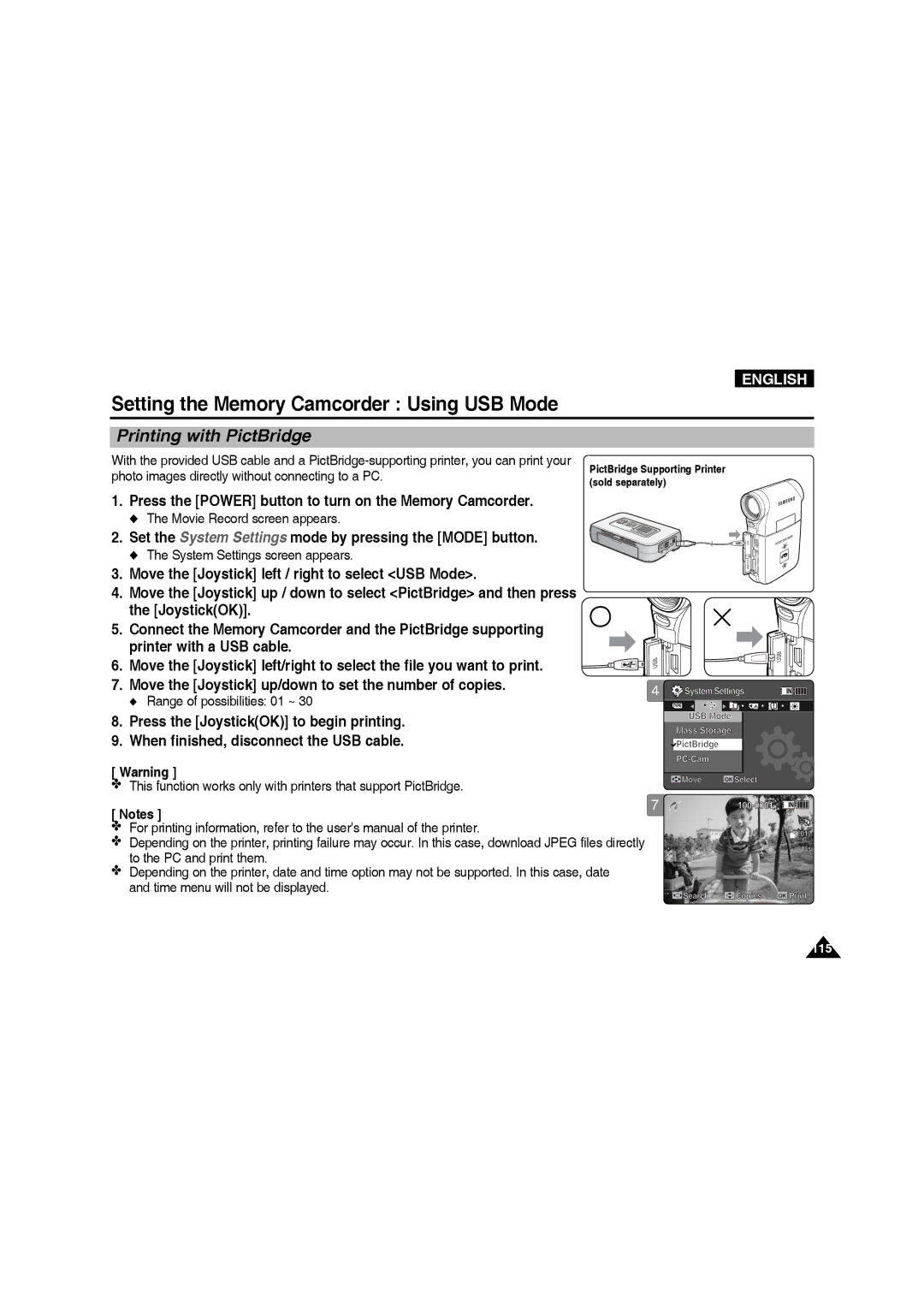 Samsung VP-MM12BL/XET, VP-MM11S/XEF manual Printing with PictBridge, Move the Joystick up/down to set the number of copies 