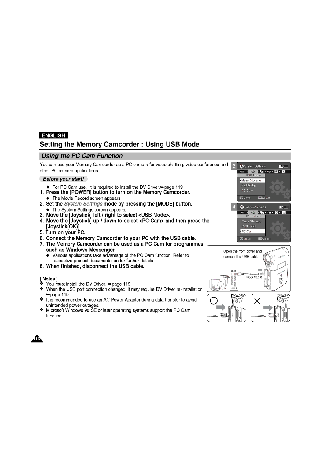 Samsung VP-MM11S/AND, VP-MM11S/XEF, VP-MM11S/XET, VP-MM12S/XET, VP-MM12BL/XET Using the PC Cam Function, Before your start 